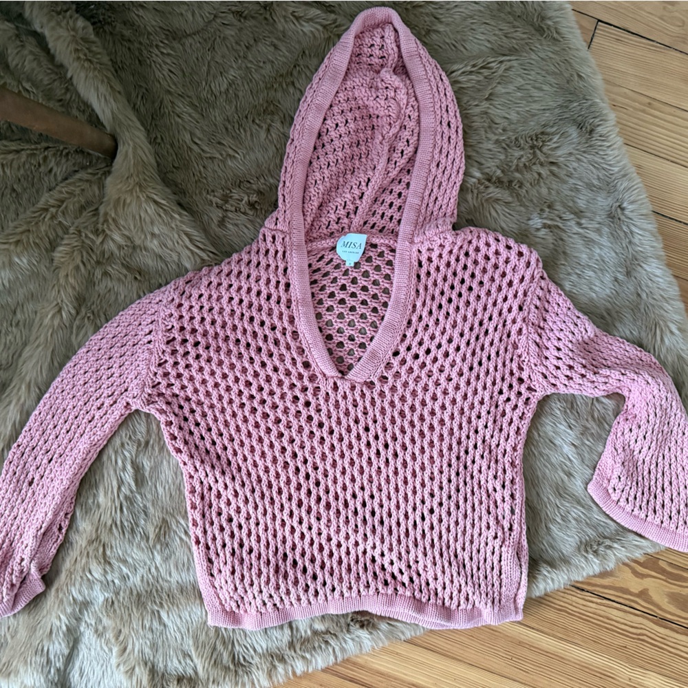MISA Pink Crochet Shamani Hoodie Sweater Small